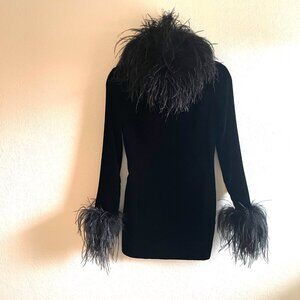 YSL Saint Laurent Black Velvet Feather Long Sleeve Cocktail Minidress X-Small